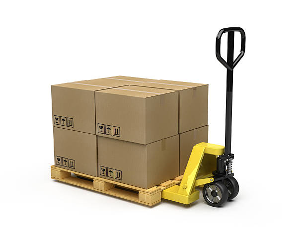Black and yellow pallet truck carrying cardboard boxes 