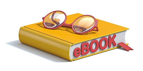 eBook concept yellow book with eyeglasses 3D render illustration isolated on white background