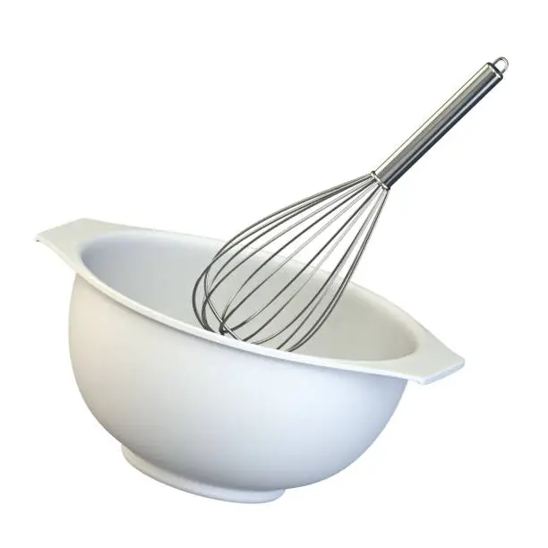 Plastic bowl with a whisk 3D render illustration isolated on white background