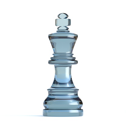 Glass king chess piece 3D render illustration isolated on white background