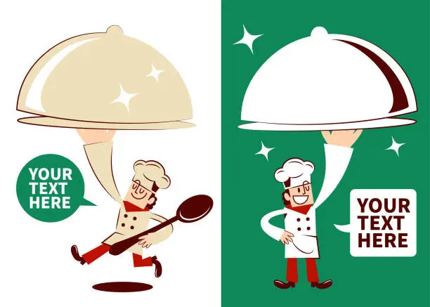 Vector illustration of Smiling Chef serving big domed tray (dish food cover dome with plate) with two postures