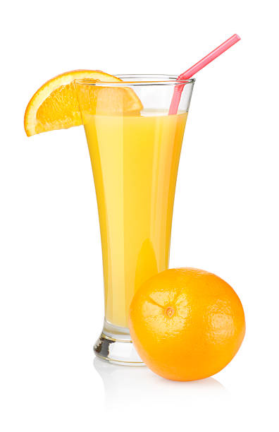 succo d'arancia in un bicchiere isolato - isolated on white orange juice ripe leaf foto e immagini stock