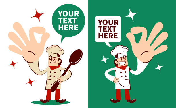 uśmiechnięty szef kuchni pokazujący duży ok znak ręki z dwoma postawami - restaurant sign sign language food stock illustrations