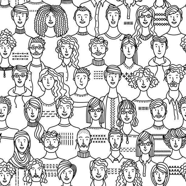 Crowd of various men and women in linear style vector art illustration