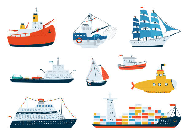 ilustraciones, imágenes clip art, dibujos animados e iconos de stock de colecciona varios barcos aislados sobre fondo blanco en un estilo plano. ilustraciones de transporte de agua, velero, submarino, rompehielos, barco de pesca. vector - transportation nautical vessel floating on water sea