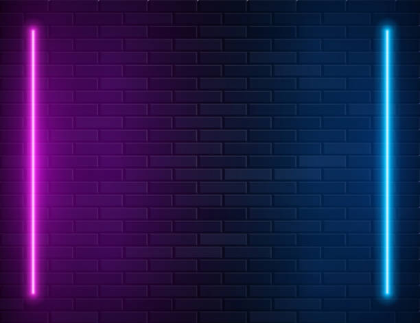 istock Retro Abstract Blue And Purple Neon Lights On Black Brick Wall 1259390732