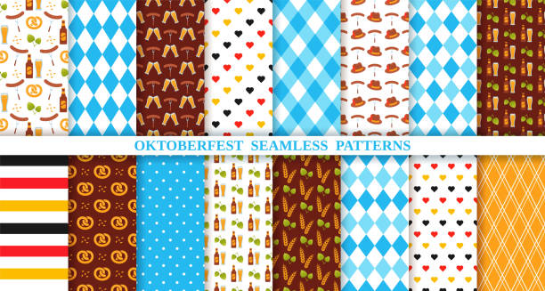 Beer Fest seamless pattern. Octoberfest traditional backgrounds. Vector illustration. Octoberfest background. Beer Fest seamless pattern. Vector. Textures with rhombus, beer, pretzel, sausage, hop, hat, stripe. Bavarian diamond print. Blue illustration. Germany traditional wallpaper. oktoberfest pretzel stock illustrations