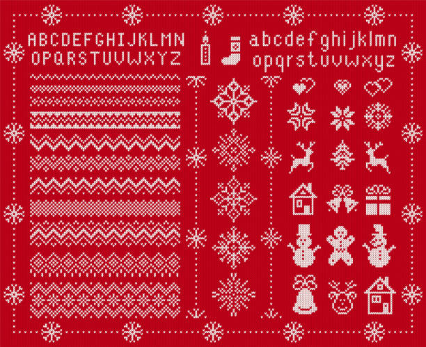 Knitted font and xmas elements. Vector illustration. Christmas seamless texture. Knitted sweater print. Knit font and xmas elements . Vector. Christmas seamless borders. Sweater pattern. Fairisle ornament with type, snowflake, deer, bell, tree, snowman, gift box. Knitted print. Red textured illustration christmas stocking background stock illustrations