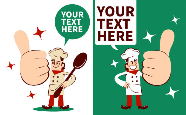 uśmiechnięty szef kuchni pokazujący duży kciuk w górę znak ręki z dwoma postawami - restaurant sign sign language food stock illustrations