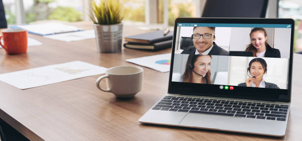 istock Video call business people meeting on virtual workplace or remote office 1259427235
