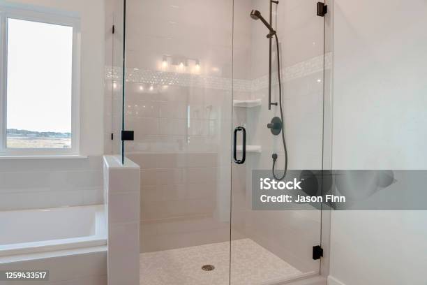 Bathroom Shower Stall With Half Glass Enclosure Adjacent To Built In Bathtub Stock Photo - Download Image Now
