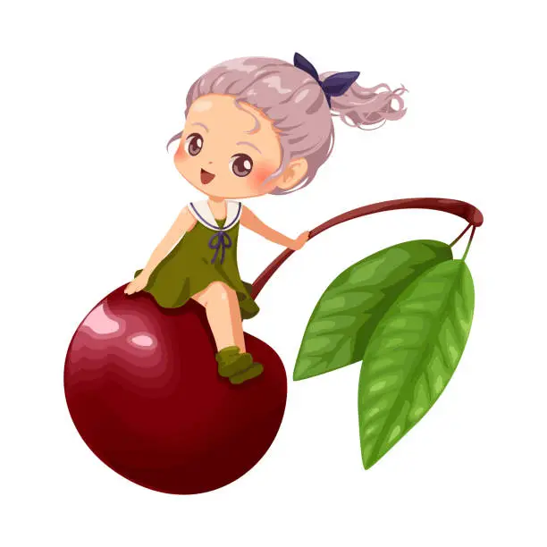 Vector illustration of Vector cartoon illustration of a girl sitting on a large cherry