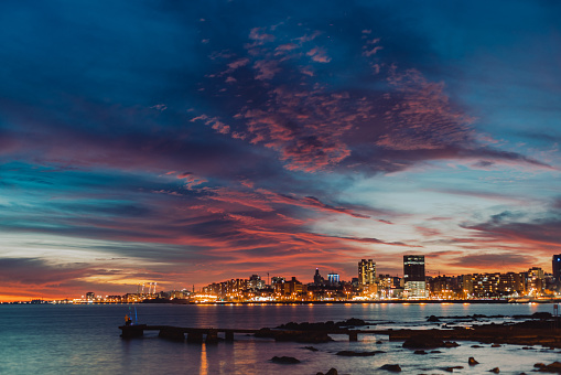 Montevideo city at the magic hour, with beautiful sky.
