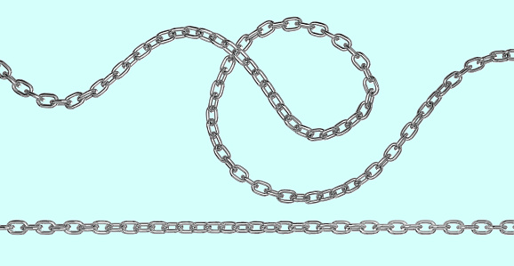 Iron metal curved and straight long chain. 3D rendering isolated image