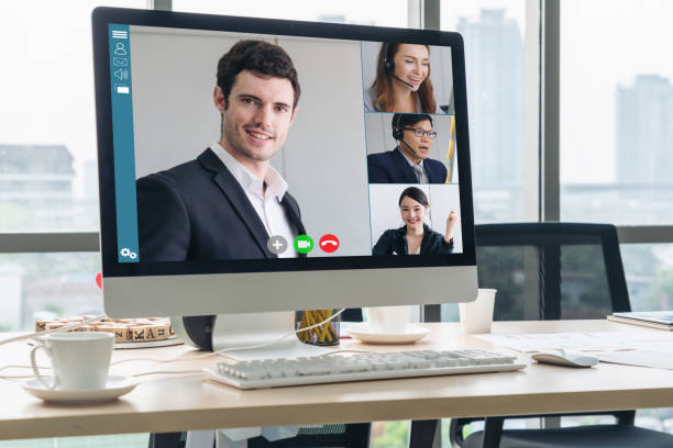 istock Video call business people meeting on virtual workplace or remote office 1259488438