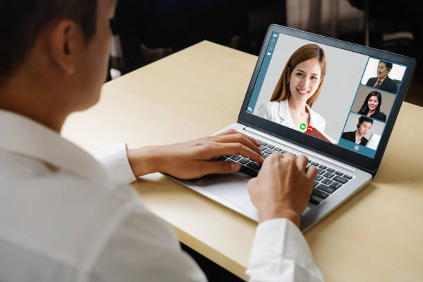 istock Video call business people meeting on virtual workplace or remote office 1259495243
