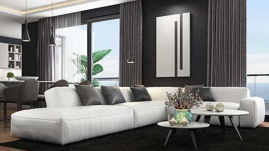 Luxury apartment with living room interior and modern minimalist kitchen and dining room.
Black carpet. Leather sofa with coffee tables. Wall picture simple art. 
Floor is matte tiles. Italian luxury style interior design. 3d rendering