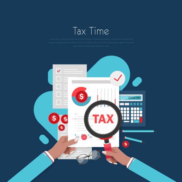 Tax payment concept. State Government taxation, calculation of tax return. Tax form with paper documents, forms, calendar, laptop, calculator. Pay the bills tax form stock illustrations