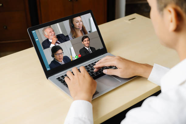 istock Video call business people meeting on virtual workplace or remote office 1259505235