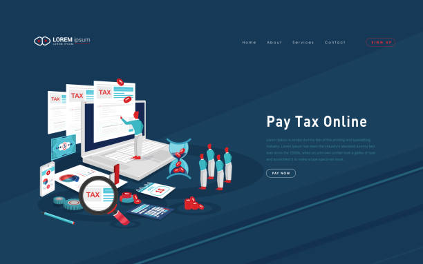 온라인 세금 납부, 부기, 회계. 노트북 화면에 세금 양식 - tax form tax backgrounds finance stock illustrations