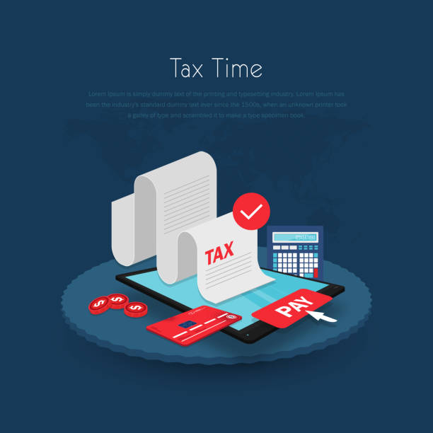 Tax accounting, expenses, budget calculation. Clipboard, tax form. Pay tax online Tax accounting, expenses, budget calculation. Clipboard, tax form, calculator tax stock illustrations