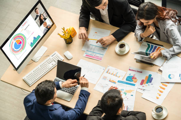 istock Video call group business people meeting on virtual workplace or remote office 1259558948