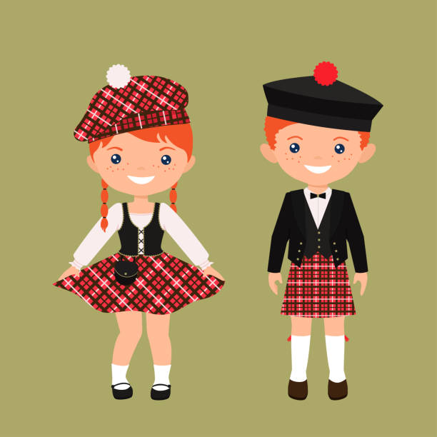 ilustraciones, imágenes clip art, dibujos animados e iconos de stock de lindos personajes chibi en traje nacional escocés. estilo de dibujos animados planos - falda escocesa