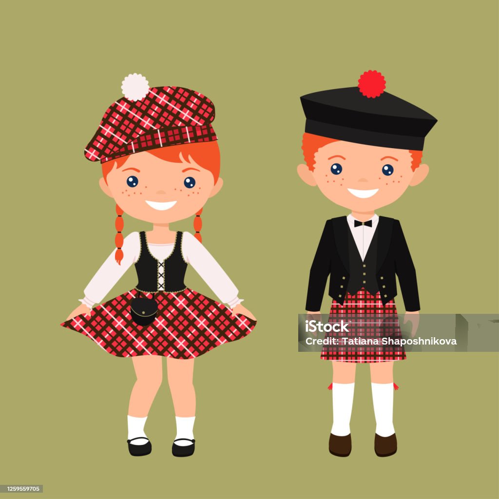 Cute Chibi Characters In National Scottish Costume Flat Cartoon Style Stock  Illustration - Download Image Now - iStock
