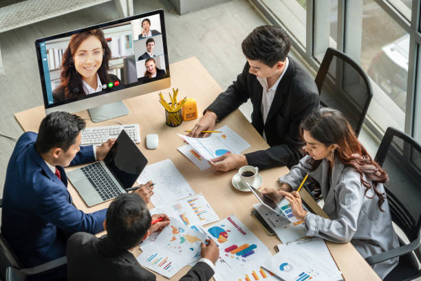 istock Video call group business people meeting on virtual workplace or remote office 1259582896