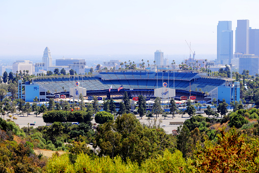 Los Angeles, California, USA - July 26, 2020: Empty Los Angeles Dodgers baseball stadium.