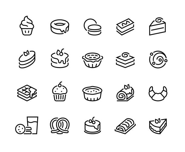 ilustraciones, imágenes clip art, dibujos animados e iconos de stock de 1909.m30.i020.n017.s.c12.759331828 iconos de línea de pasteles y cookies. panadería y comida dulce, croissant donuts cupcakes galletas brownies y pasteles. conjunto de confitería vectorial - pancake illustration and painting food vector