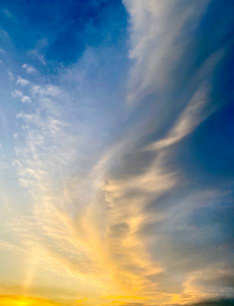 Blue sky with white clouds at sunset in summer time.