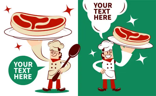 Vector illustration of Smiling Chef serving a meat (or artificial meat) dish with two postures