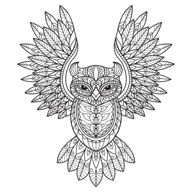 Zen doodle Flying Owl tangles adult coloring page, Illustration zentangle style. Hand drawn sketch illustration for adult coloring book vector was made in eps 10. background of a owl black and white stock illustrations