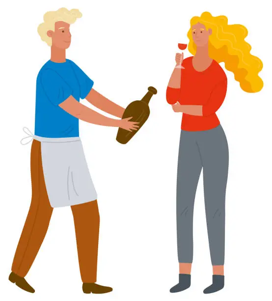 Vector illustration of Man Offering Wine to Woman with Glass Vector