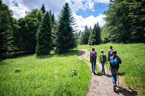 Family hiking in the meadows and forest.\nPolish mountains Gorce. \nNikon D850