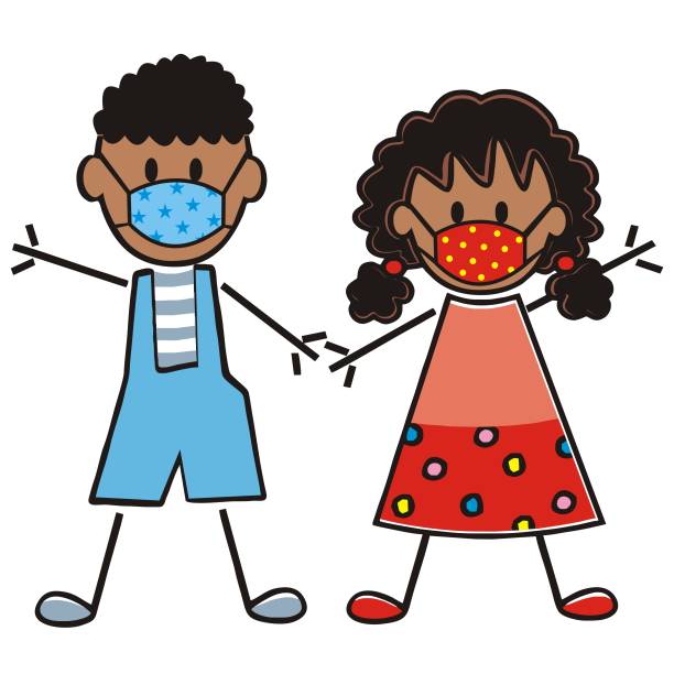 african boy and girl at protective mask, eps. African kids, boy and girl at protective mask, color vector illustration on white background. sad african child drawings stock illustrations