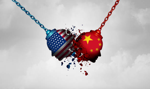 United States China Dispute United States China Dispute concept as an international rivalry between two governments as a struggle between the west and east as an economic trade war or political disagreement as a 3D illustration. cold war photos stock pictures, royalty-free photos & images