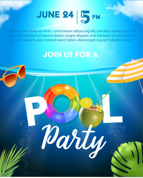 istock Pool party poster template. Background with pool surface, palm leaves, beach umbrella and rubber ball. Realistic inflatable rainbow and orange rings. Vector illustration of invitation to nightclub. 1259728990