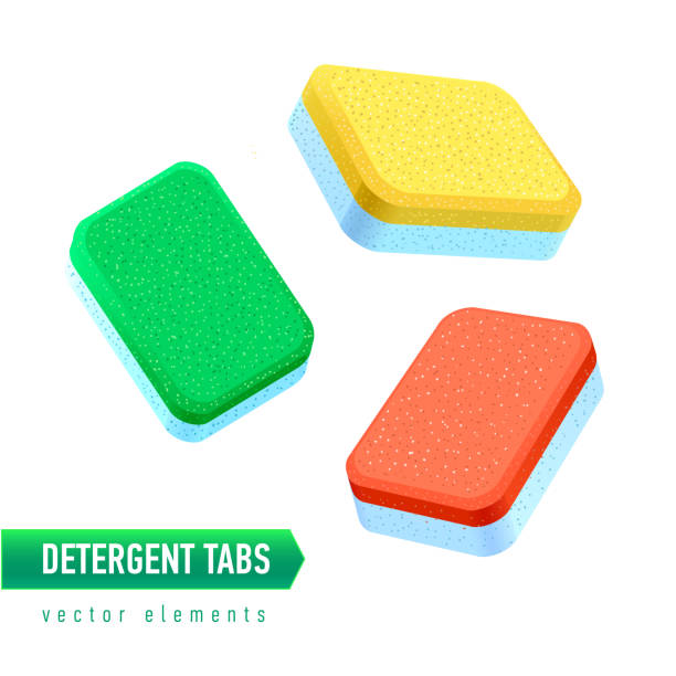 Dishwasher detergent tablet from different angles. Colored soap tabs isolated on white background. vector art illustration