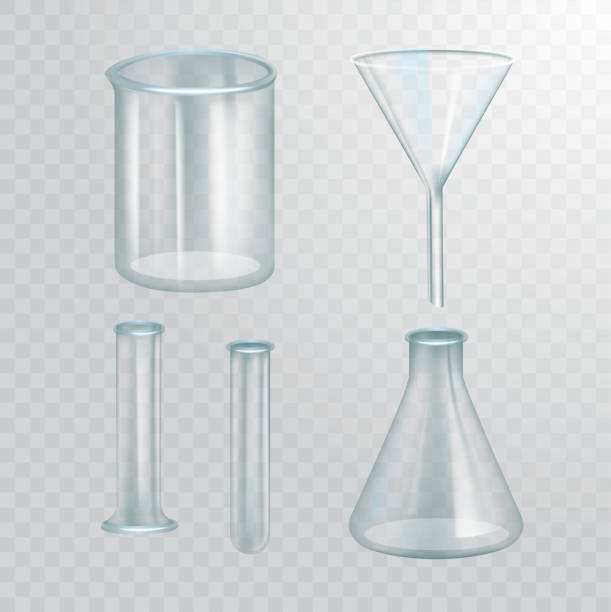 Set of realistic chemical flasks. Transparent empty funnel, bulb, bottle, test tube, filter. Light transparent background. Realistic 3d vector illustration vector art illustration