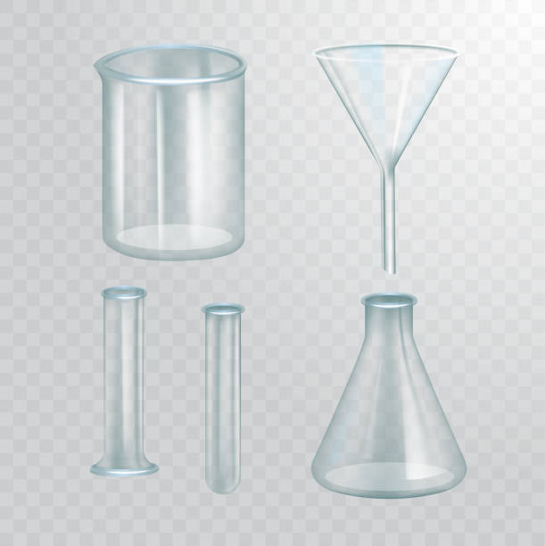 Set of realistic chemical flasks. Transparent empty funnel, bulb, bottle, test tube, filter. Light transparent background. Realistic 3d vector illustration Set of realistic chemical flasks. Transparent empty funnel, bulb, bottle, test tube, filter. Light transparent background. Medical science equipment. 3d vector Realistic illustration flask funnel stock illustrations