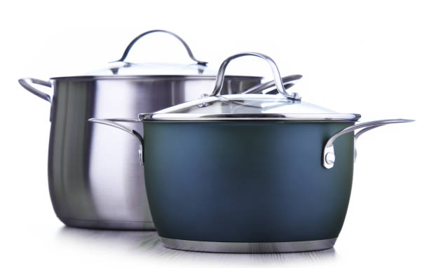 istock Two steel pots isolated on white 1259741201