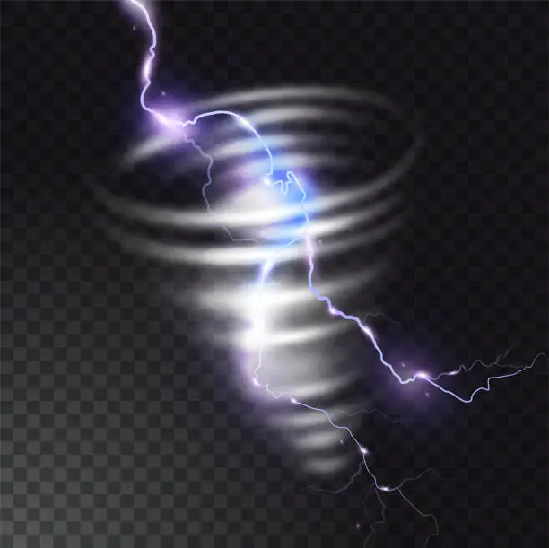 Vector illustration of Tornado with lightning vector illustration of realistic thunderbolt light flash in twister hurricane. Wind cyclone vortex in storm weather.