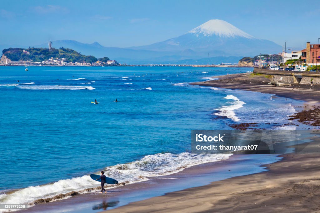 The view of Mt. Fuji and Enoshima in Shonan. The Enoshima and Koshigoe coast. Located in Kamakura, Kanagawa Prefecture Japan. Kamakura City Stock Photo