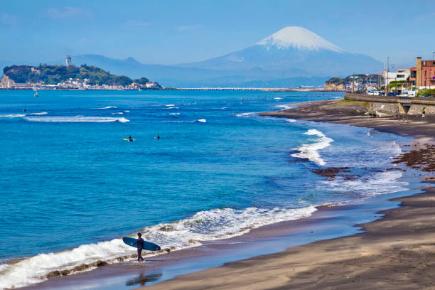 The view of Mt. Fuji and Enoshima in Shonan. The Enoshima and Koshigoe coast. Located in Kamakura, Kanagawa Prefecture Japan. shonan photos stock pictures, royalty-free photos & images