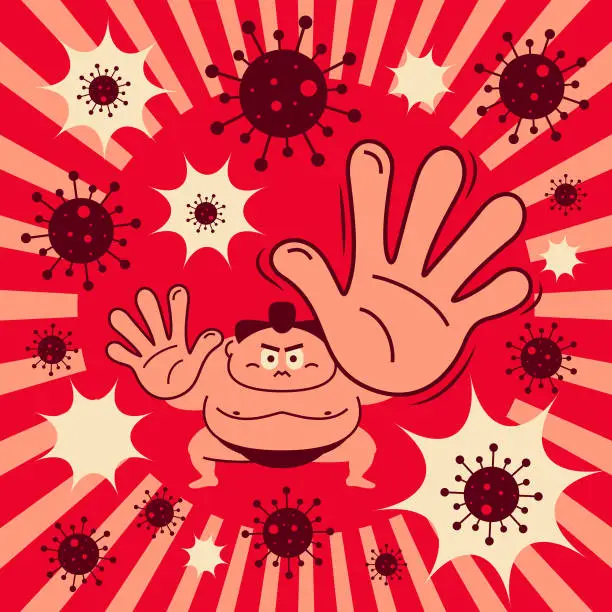 Vector illustration of Sumo wrestler crouching giving palm attack to COVID-19 (Coronavirus, Bacterium, Virus)