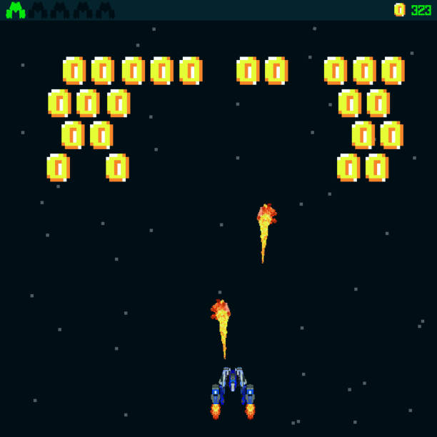 istock Pixel space game with coins. Pixel art, arcade game. template. A retro 8-bit game inspired by the trendy 90s. Space place. Battles under the stars. Old computer games. vector illustration 1259793192