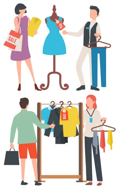 Vector illustration of Choosing Clothes, People Shopping, Retail Vector
