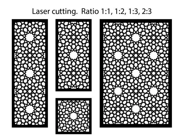 Vector illustration of Arabic islamic decorative wall, screen, panel pattern with stars. Vector template kit. Set of decorative vector panels for laser cutting. Template for interior partition in arabesque style